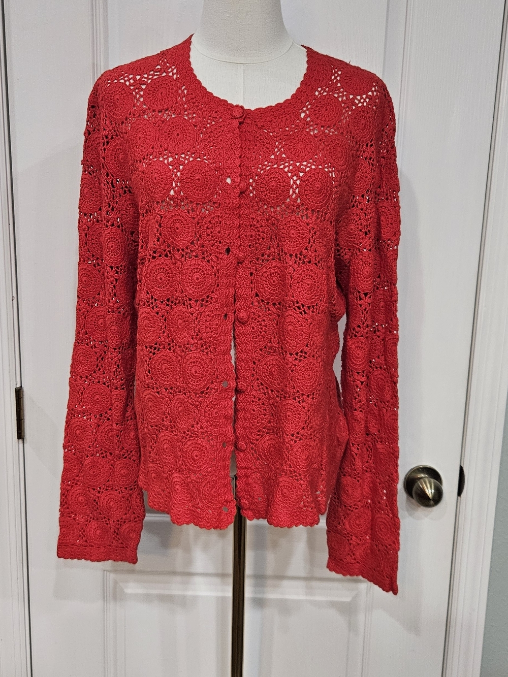 Nine West Red Crochet Button-Front Cardigan